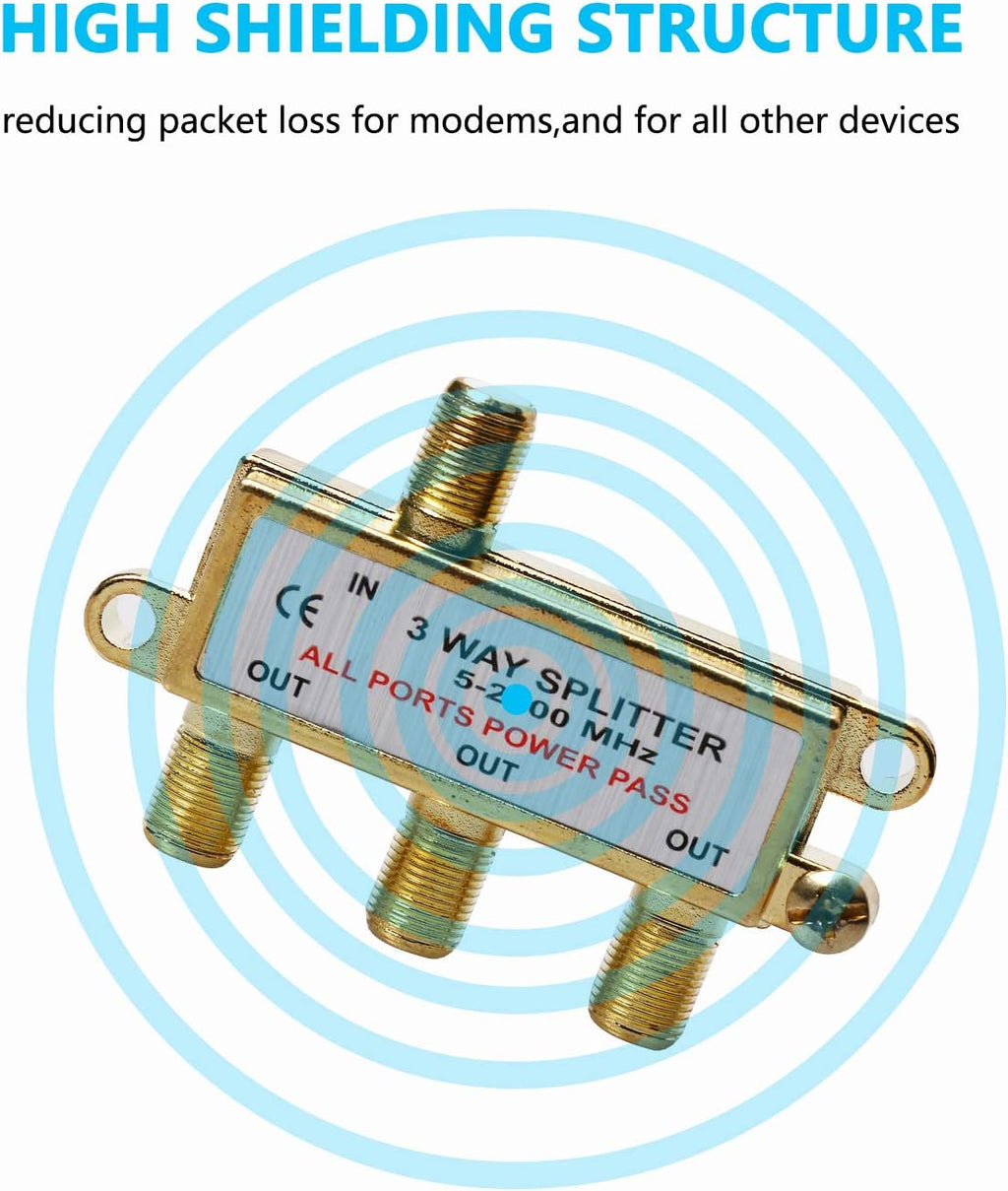 3-Way Coaxial Cable Splitter, 2.4 Ghz 5-2400 MHz, Gold Plated Connectors, 2-Pack S836