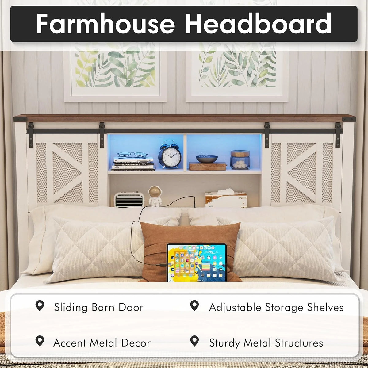 White Queen Size Metal Bed Frame with Headboard and Charging Station O7998