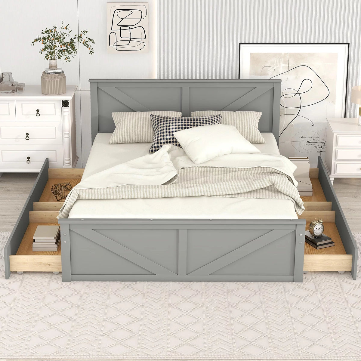Gray Wood Queen Size Platform Bed with 4 Storage Drawers Z462575