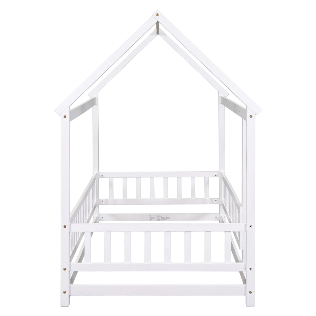 Twin Size Wooden House Bed with Roof and Fence K360368