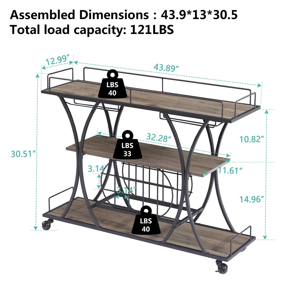3 Tier Rolling Bar Cart with Wine Rack and Glass Holder T45010