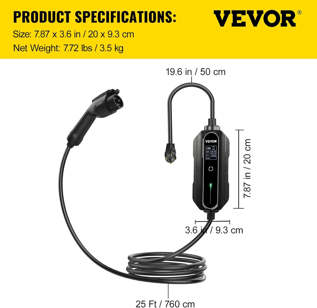 Portable 32 Amp EV Charger with 25 ft J1772 Charging Cable U35579