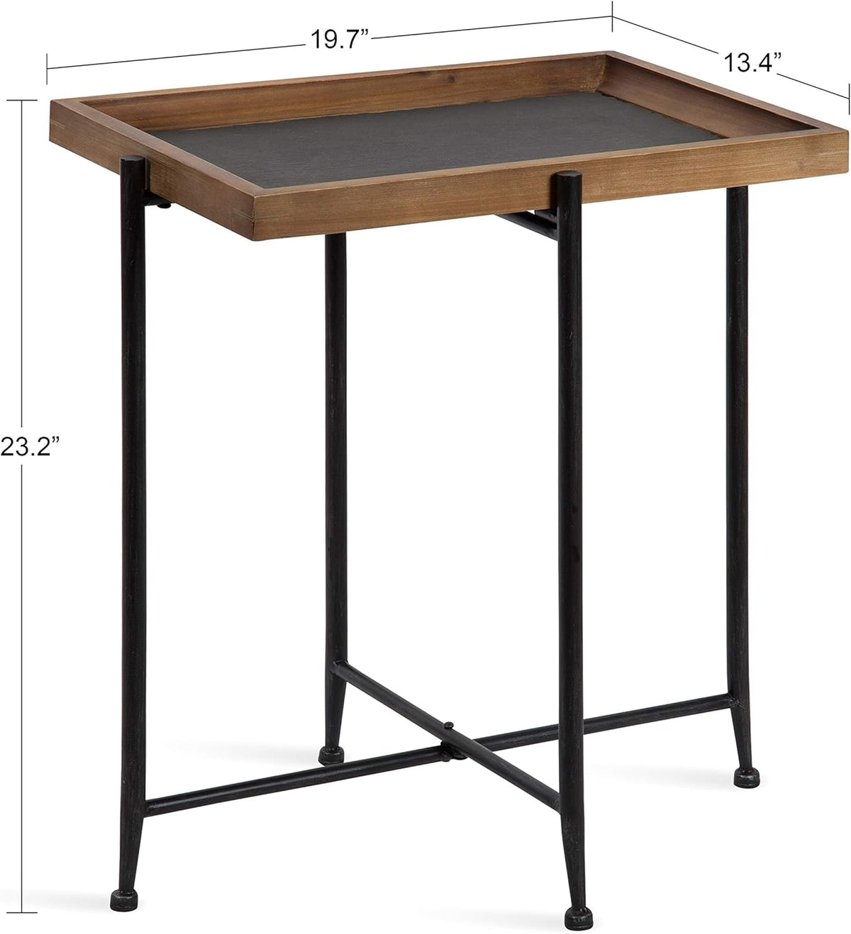 Rustic Brown Wood and Slate Side Accent Table with Black Iron Metal Base M5780