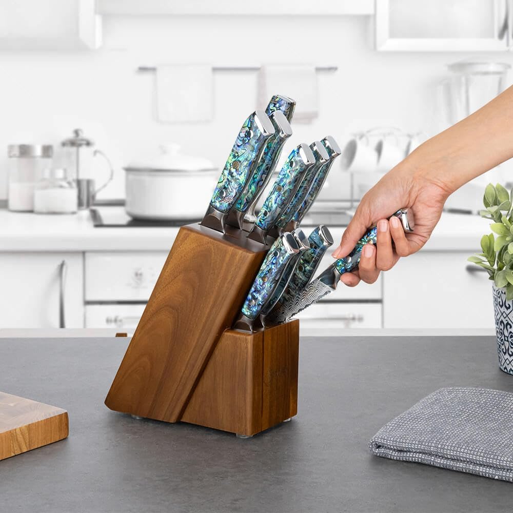 11-Piece Damascus Knife Block Set with Abalone Shell Handle Japanese VG10 Steel Chef Knife F316