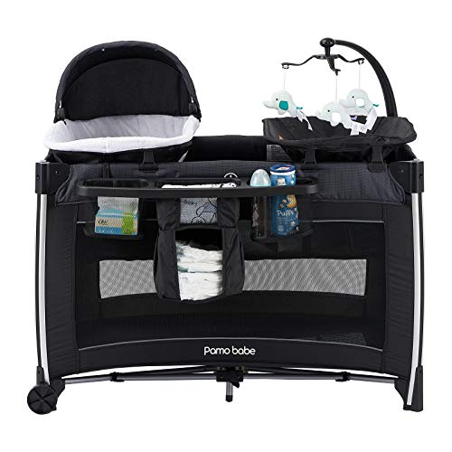 4 in 1 Portable Baby Crib with Bassinet, Mattress, Changing Table (Black) L353