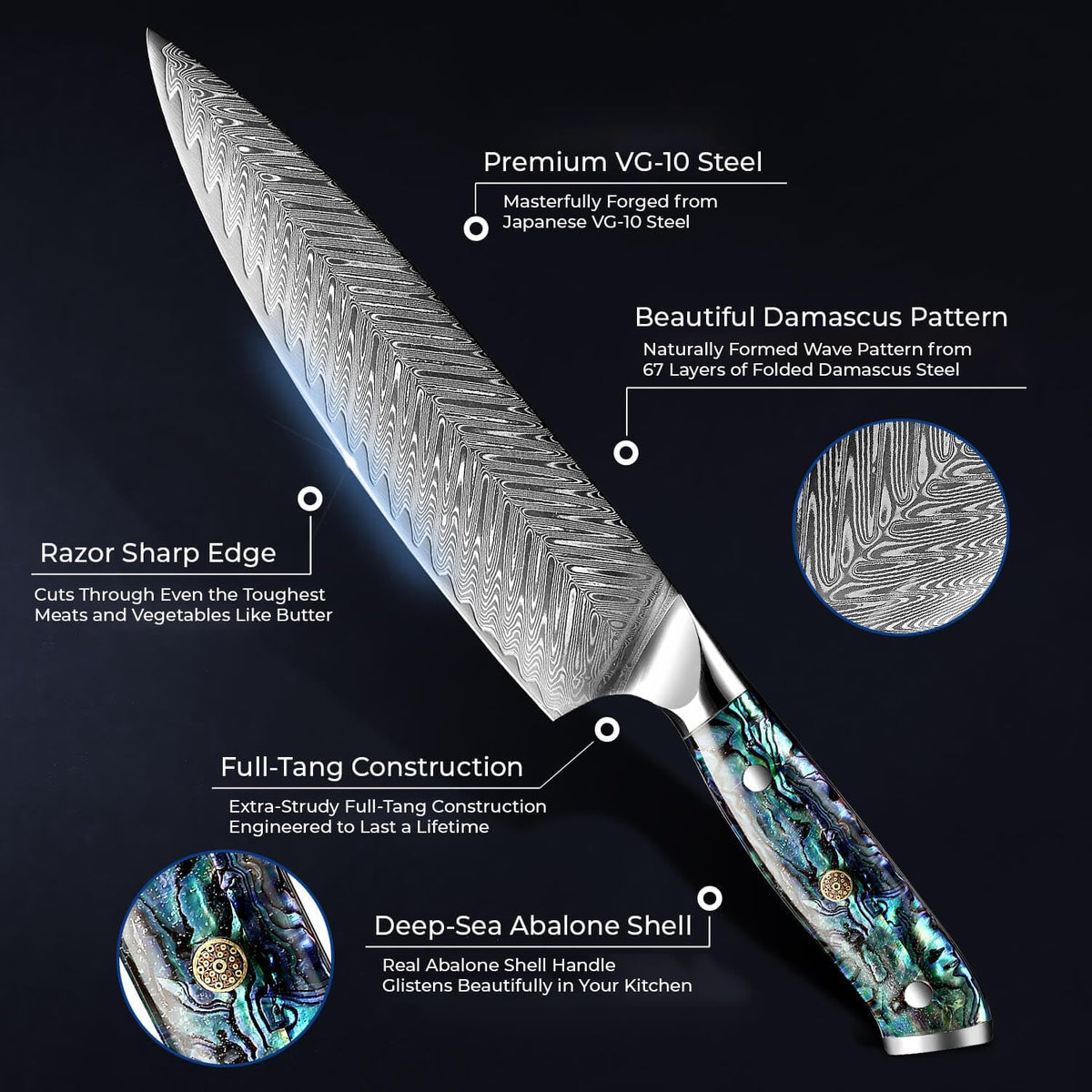 11-Piece Damascus Knife Block Set with Abalone Shell Handle Japanese VG10 Steel Chef Knife F316