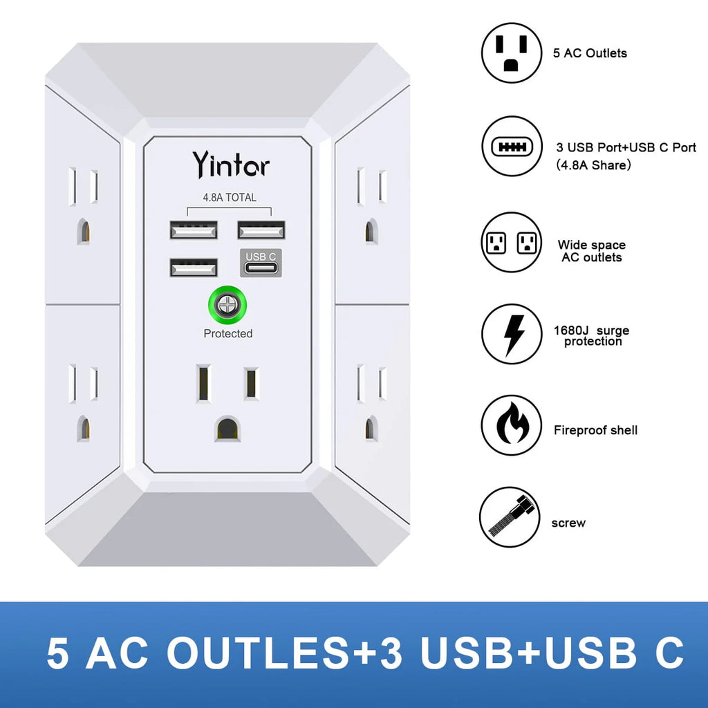 5 Outlets 4 USB Ports Surge Protector O489358