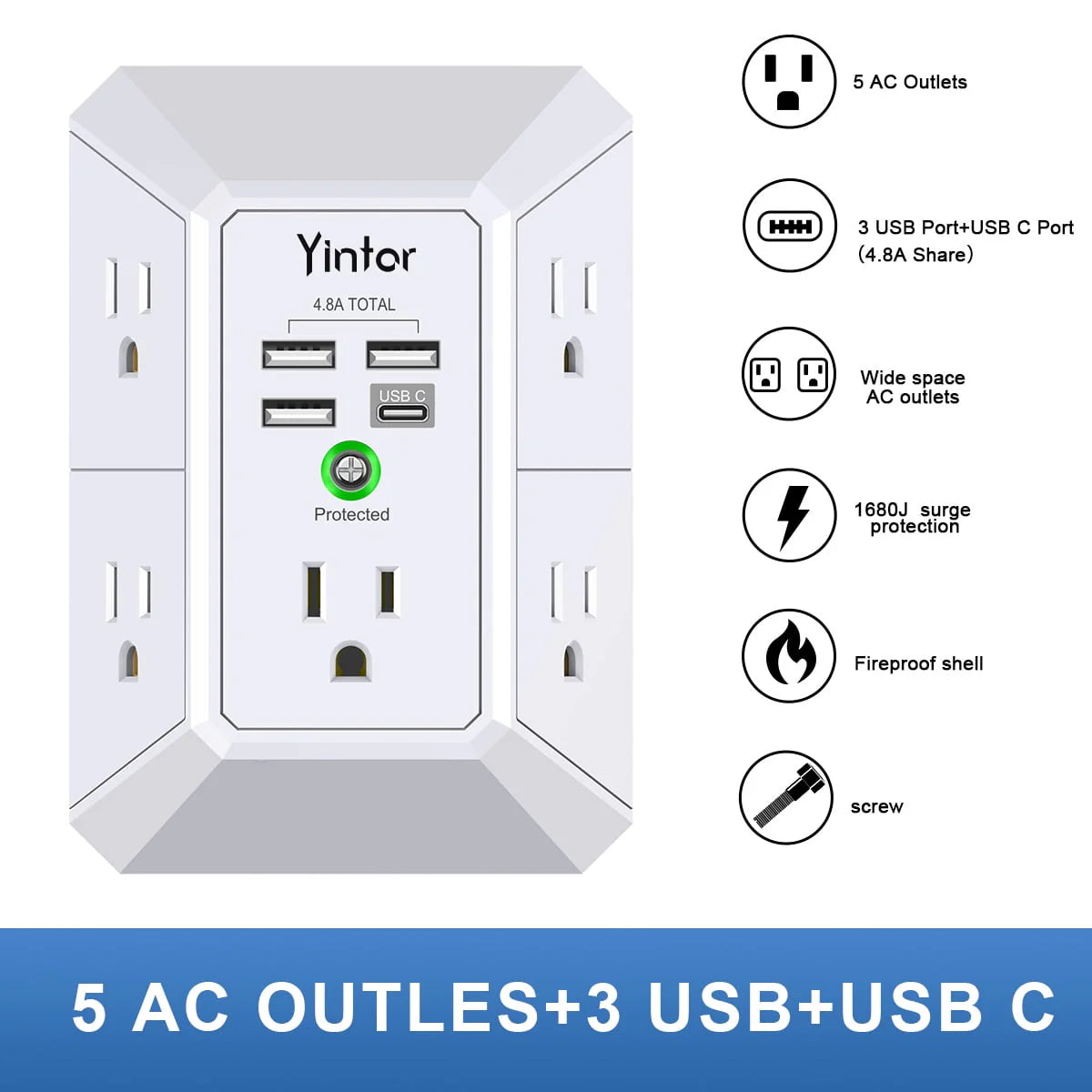 5 Outlets 4 USB Ports Surge Protector O489358