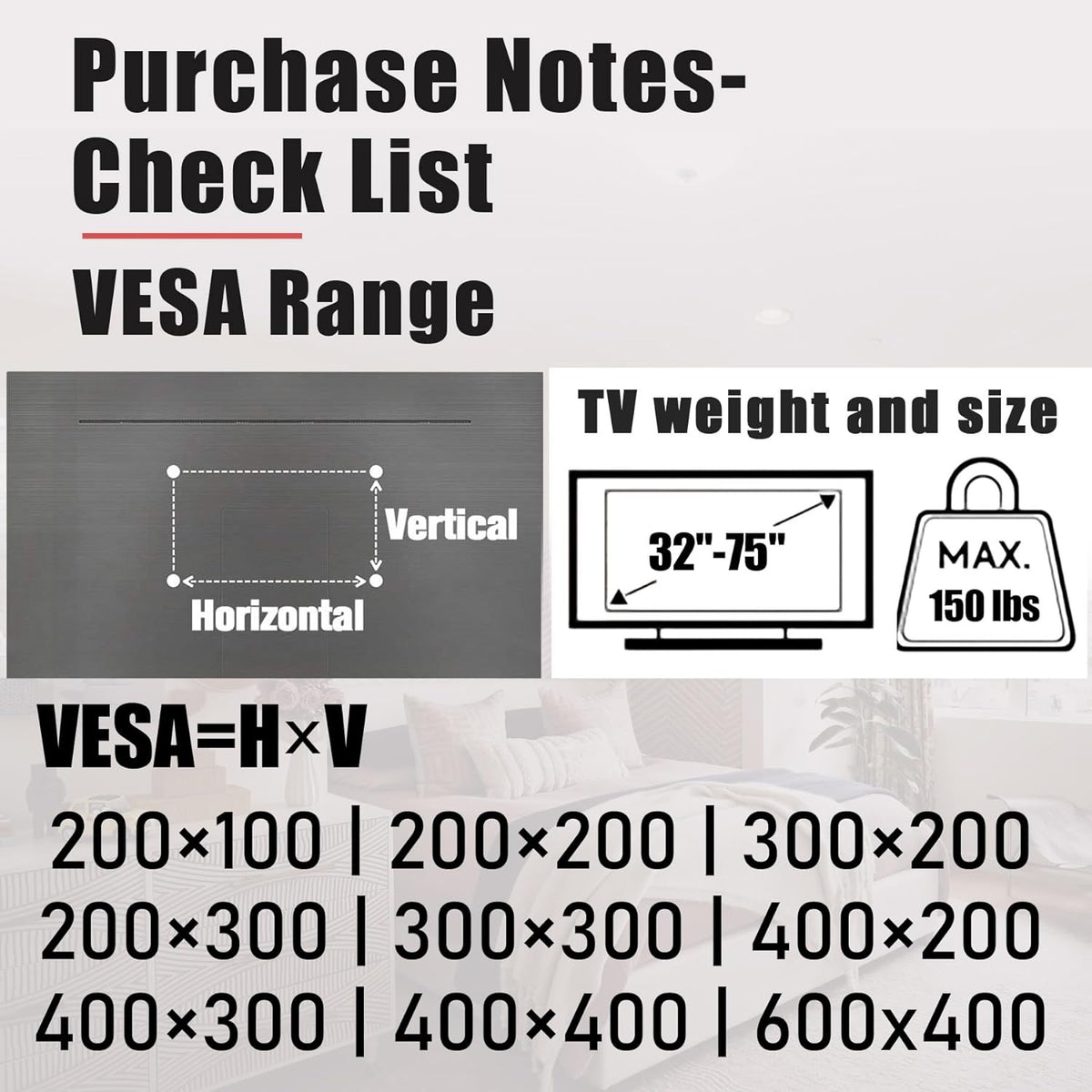 TV Wall Mount, 32-75 inch, VESA 100x100 to 600x400 R2497
