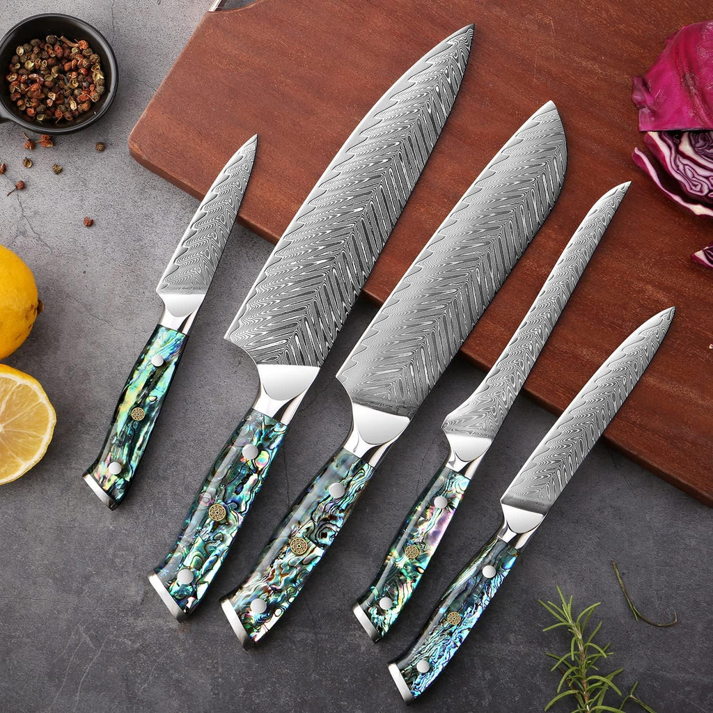 11-Piece Damascus Knife Block Set with Abalone Shell Handle Japanese VG10 Steel Chef Knife F316