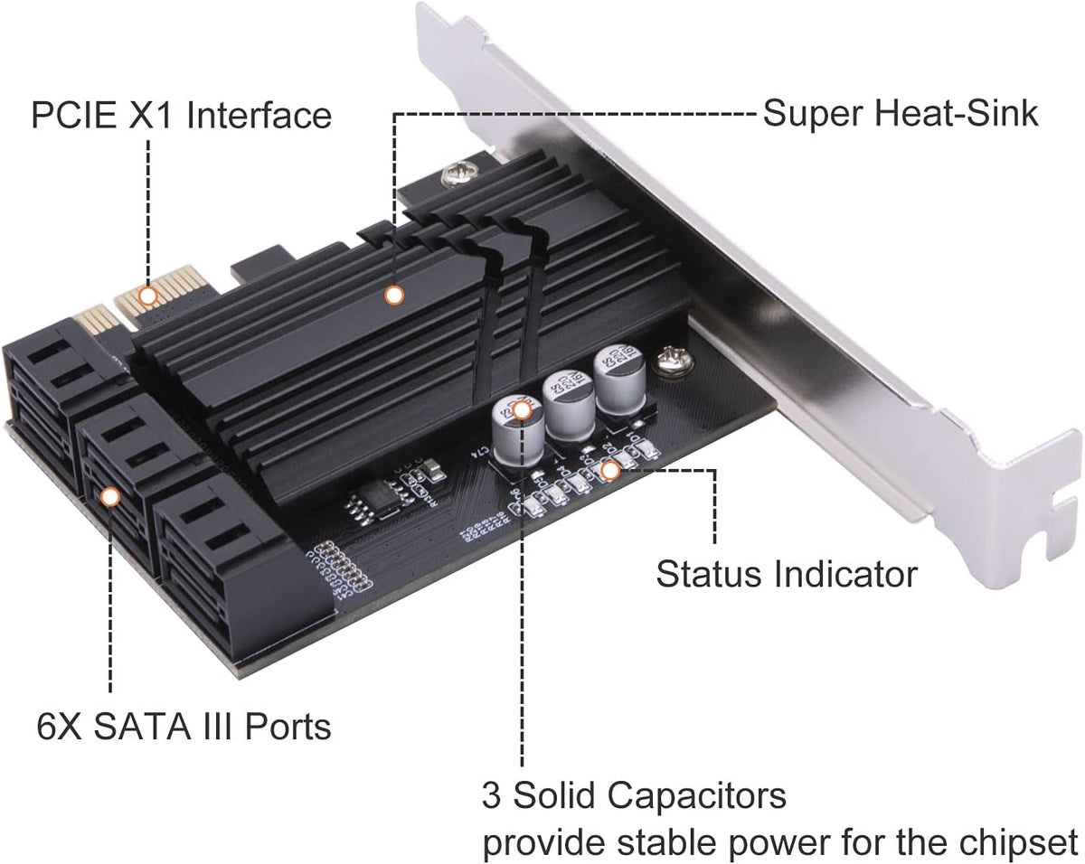 6 Ports PCIe SATA 3.0 6Gbps Expansion Controller Card with 6 SATA Cables and Heatsink E3188
