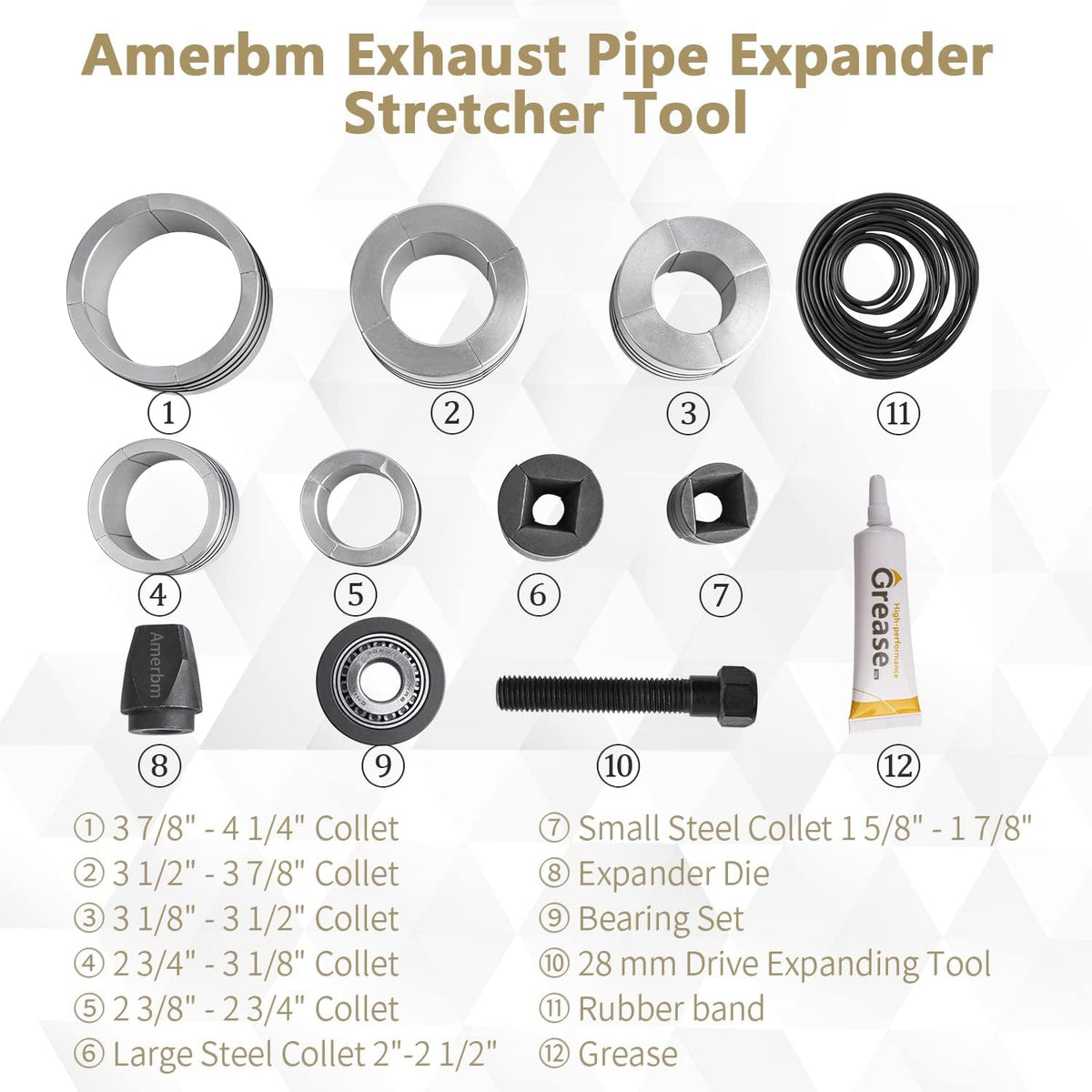 Exhaust Pipe Expander Tool Set 1-5/8 to 4-1/4 Inches with Rubber Rings M412466