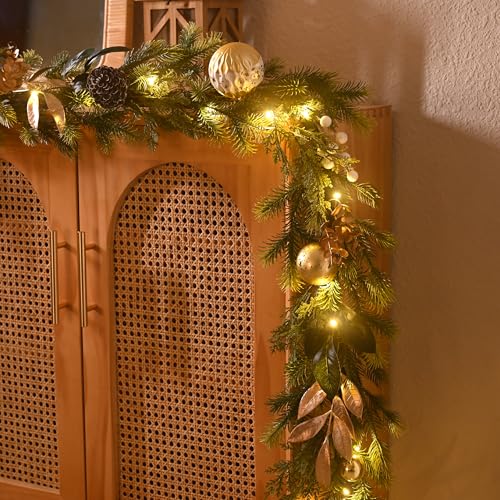 6Ft Prelit Christmas Garland with Pine Cone, Bow Ornaments (Green Gold) D83837