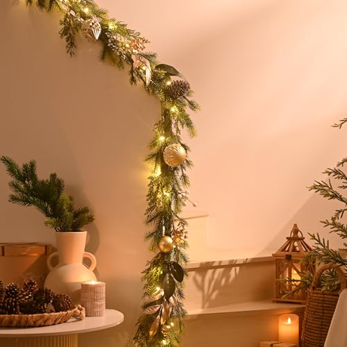 6Ft Prelit Christmas Garland with Pine Cone, Bow Ornaments (Green Gold) D83837