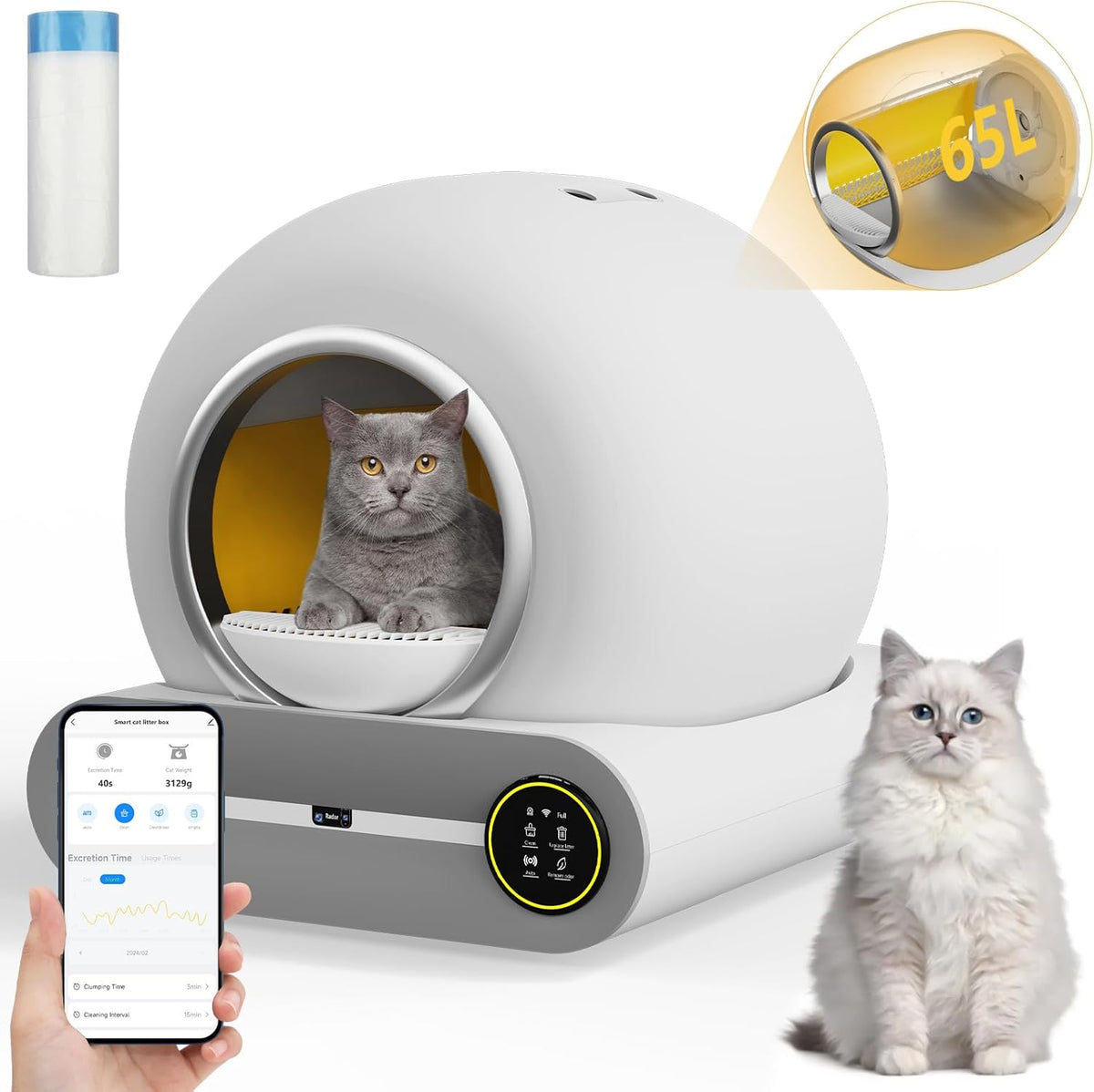 White Smart Self-Cleaning Litter Box 65L+9L Capacity E31531