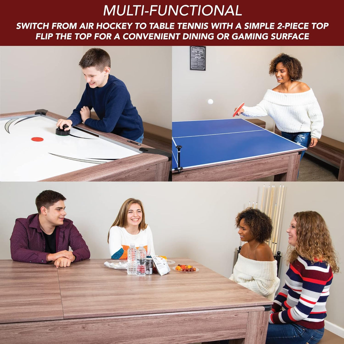 7-ft Air Hockey Table Tennis Combination with Dining Top and Two Storage Benches Y74564