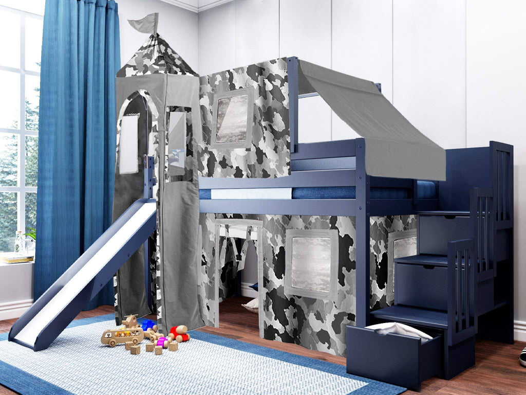 Twin Loft Bed with Slide and Tent A1001