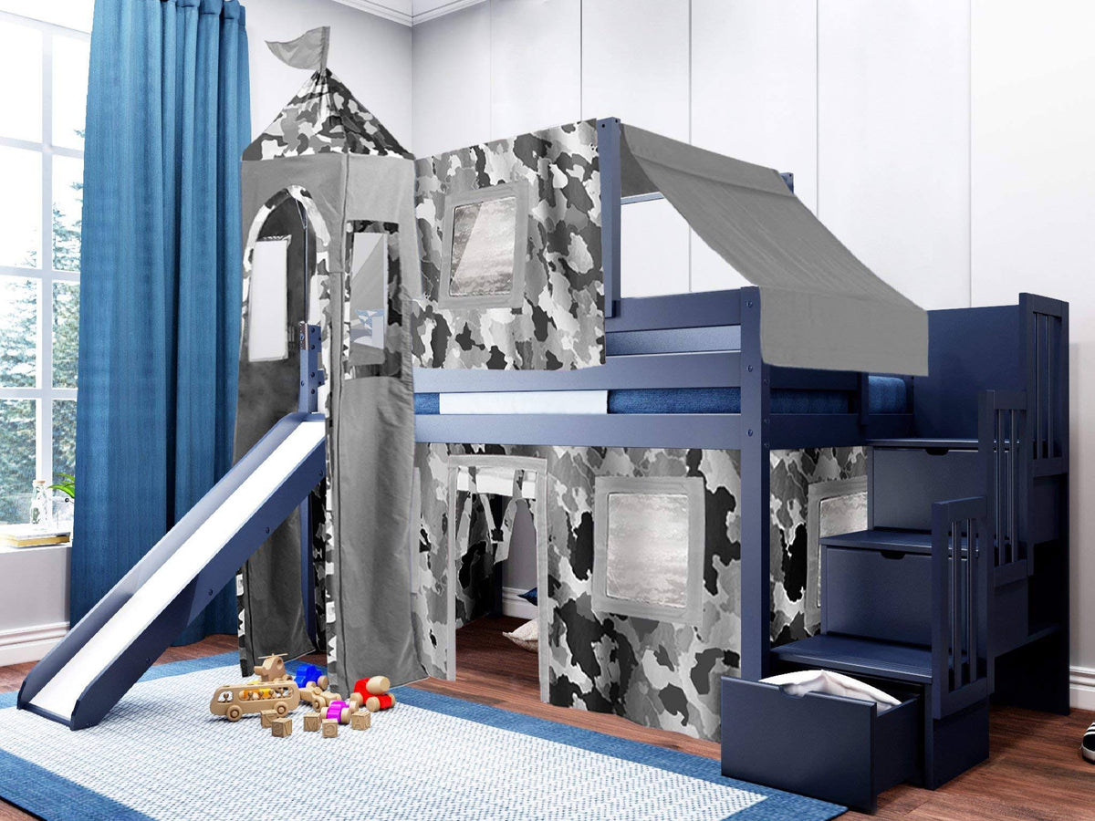 Twin Loft Bed with Slide and Tent A1001