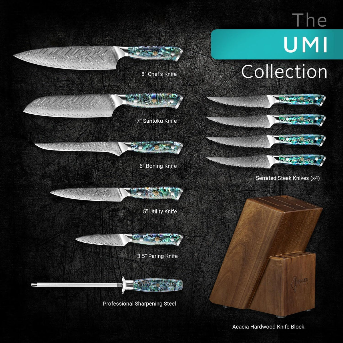 11-Piece Damascus Knife Block Set with Abalone Shell Handle Japanese VG10 Steel Chef Knife F316