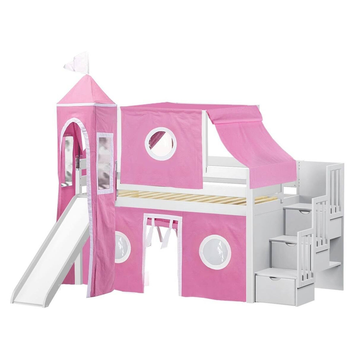 Twin Loft Bed with Slide and Tent A1001