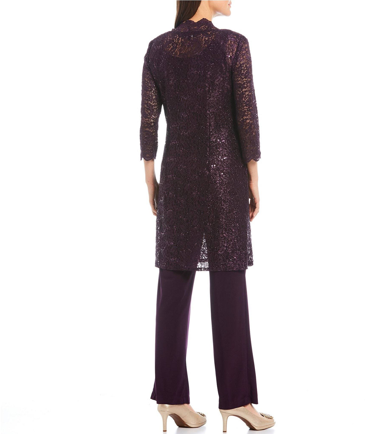 3-Piece Sequin Glitter Scallop Lace Duster Pant Set B2680