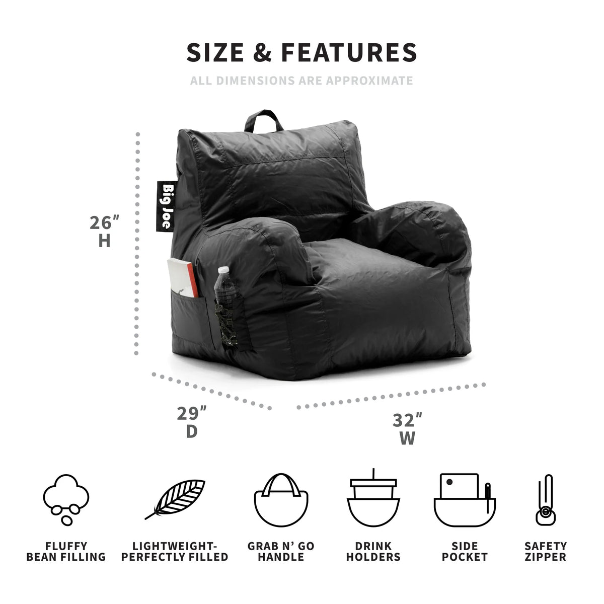 Black Durable Polyester Nylon Blend Bean Bag Chair with Drink Holder and Pocket, 3 feet F902062