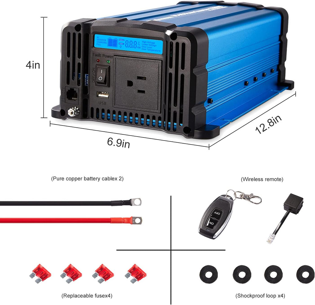 1000 watt Pure Sine Wave Power Inverter 12V to 110V DC to AC with Remote Controller B4897