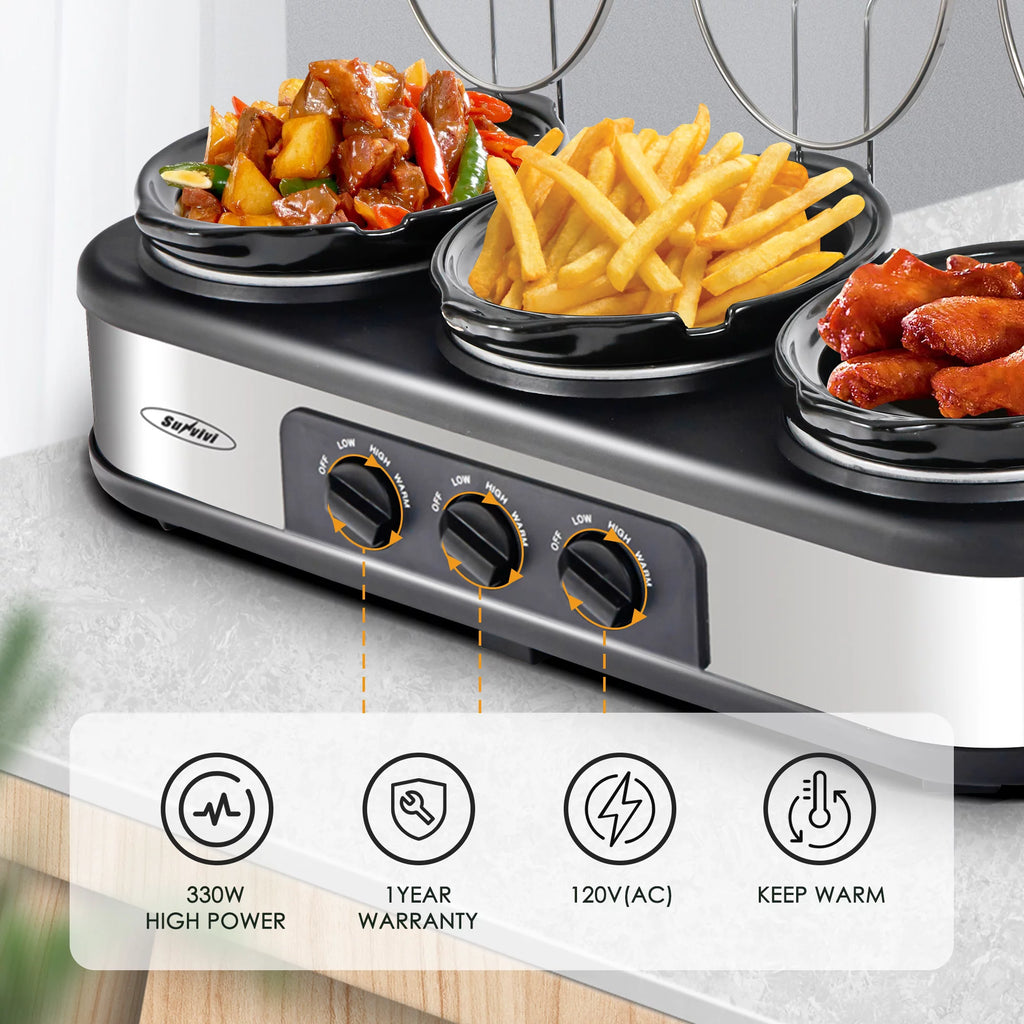 Stainless Steel Triple Slow Cooker with 3 Spoons W827