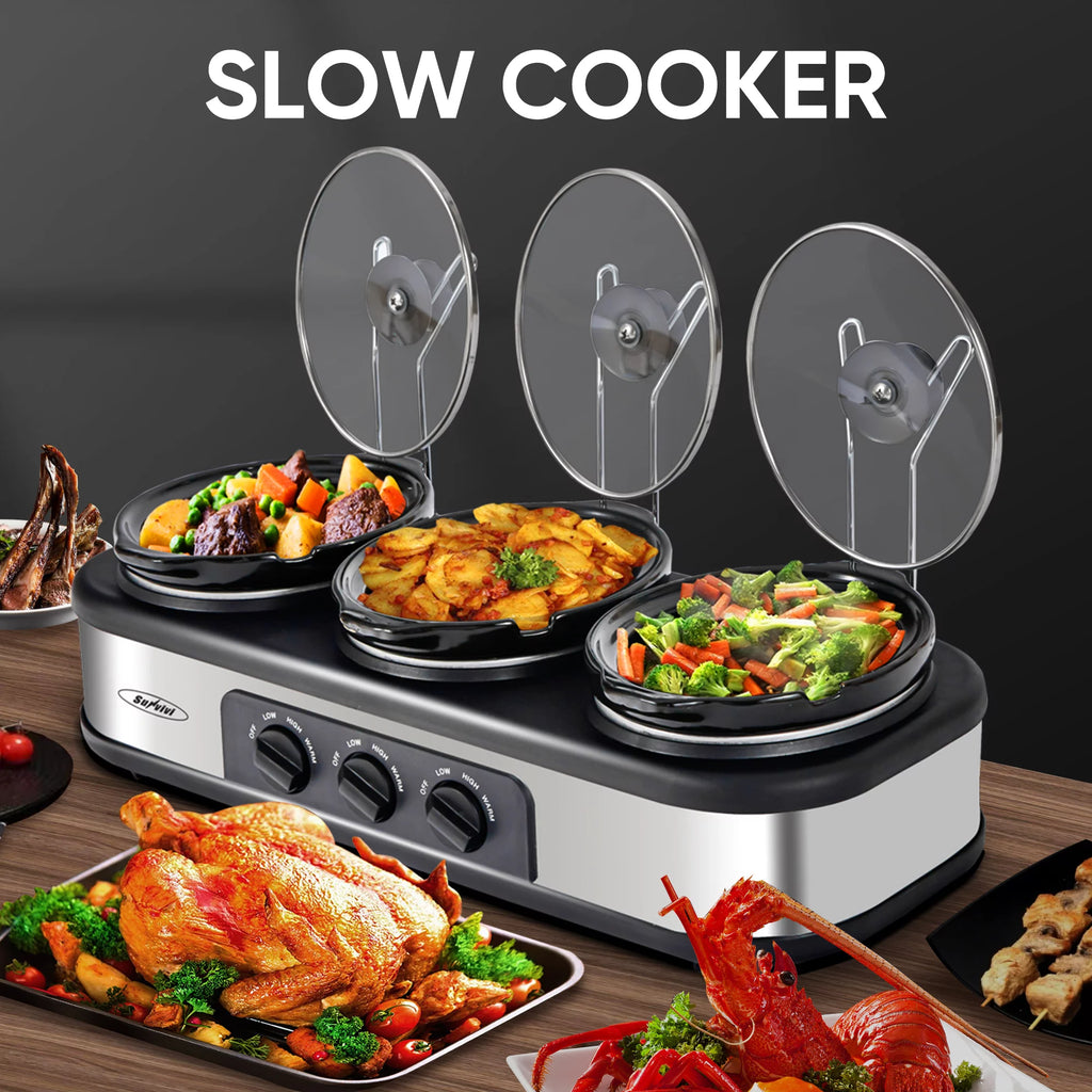 Stainless Steel Triple Slow Cooker with 3 Spoons W827