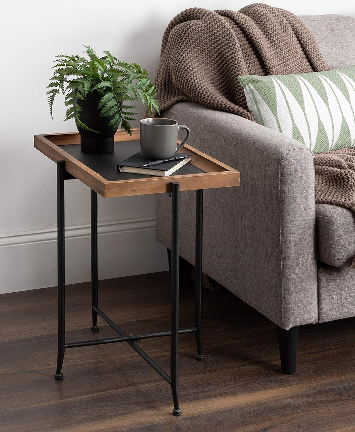 Rustic Brown Wood and Slate Side Accent Table with Black Iron Metal Base M5780