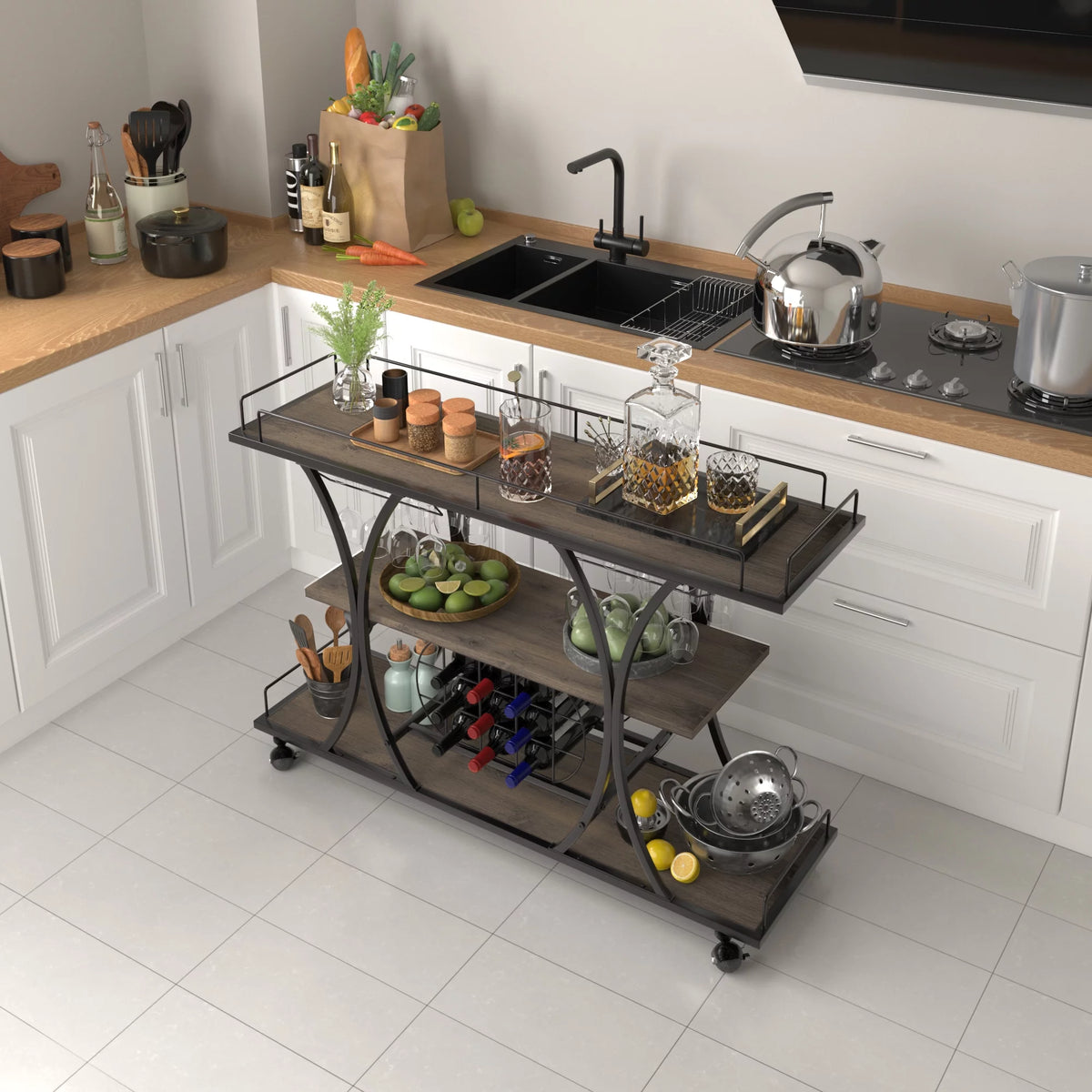 3 Tier Rolling Bar Cart with Wine Rack and Glass Holder T45010