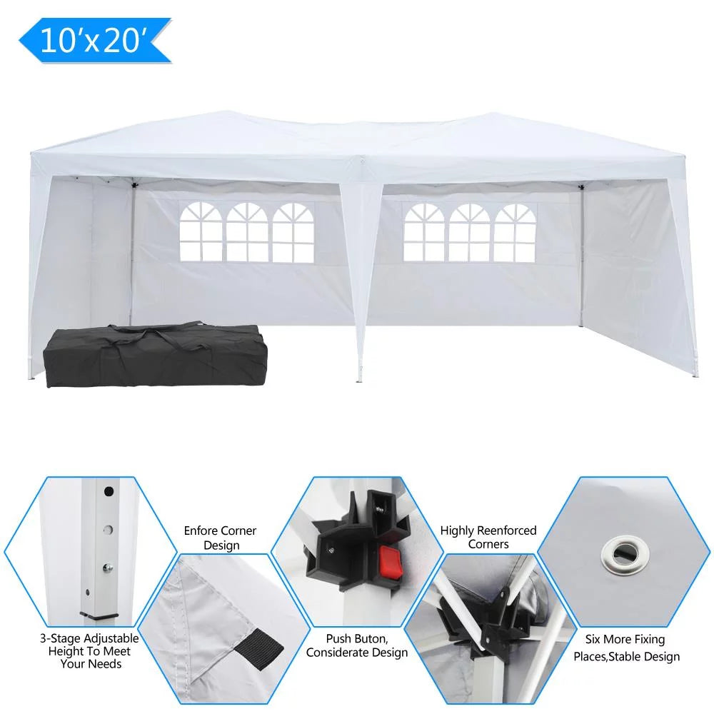 10'x 20' Canopy Pop Up Tent with 4 Sides Carry Bag White D845