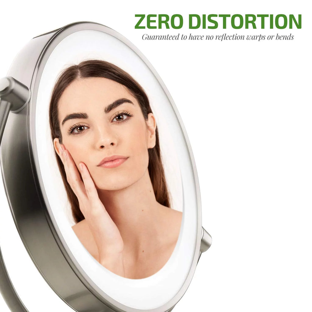 Lighted Makeup Mirror 9.5 Inch 1X 5X Magnifier Dimmable 360 Degree Double Sided LED Acrylic Edge Battery USB Powered Vanity K5523