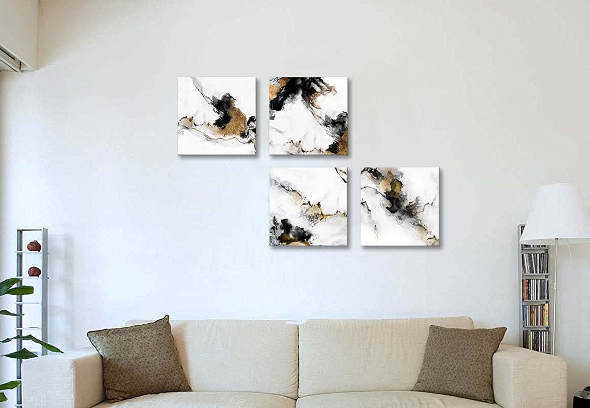 Black and White Gold Abstract Canvas Wall Art 4 Pieces 12x12inch x4pcs T575