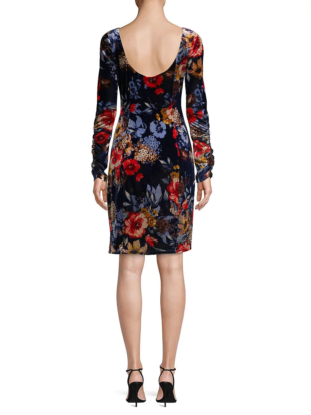 Floral-Print Velvet Bodycon Dress J27002
