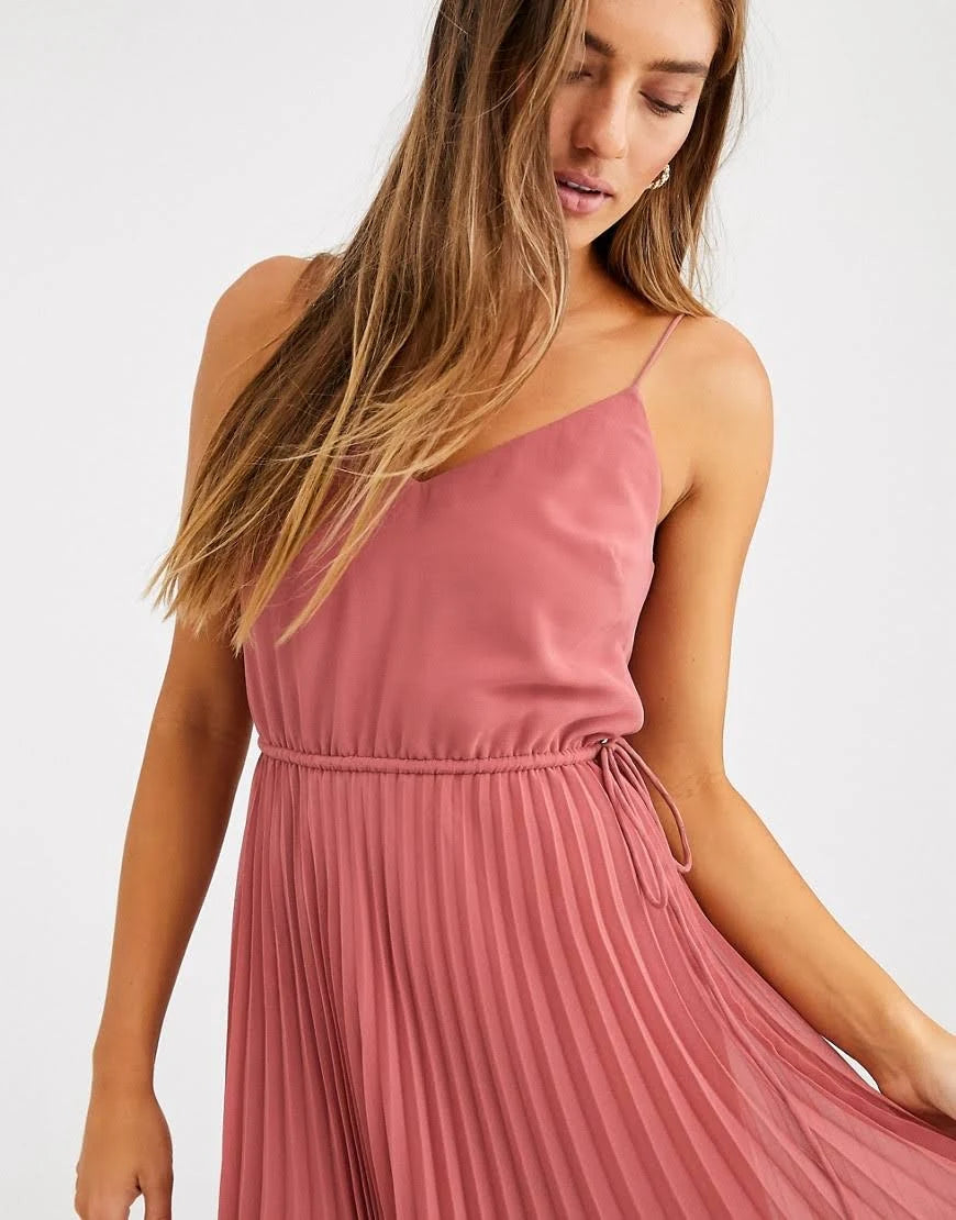 Dark Pink Pleated Cami Midi Dress with Drawstring Waist J279921