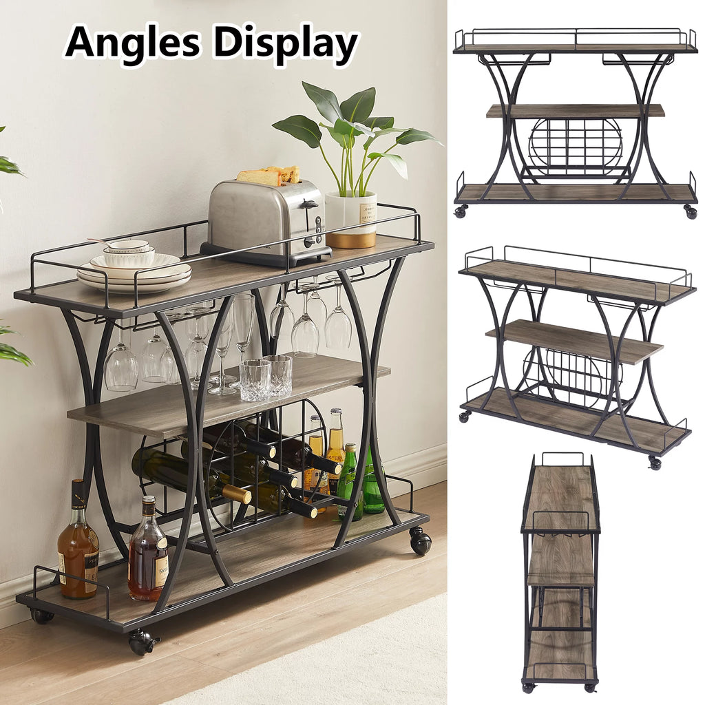 3 Tier Rolling Bar Cart with Wine Rack and Glass Holder T45010