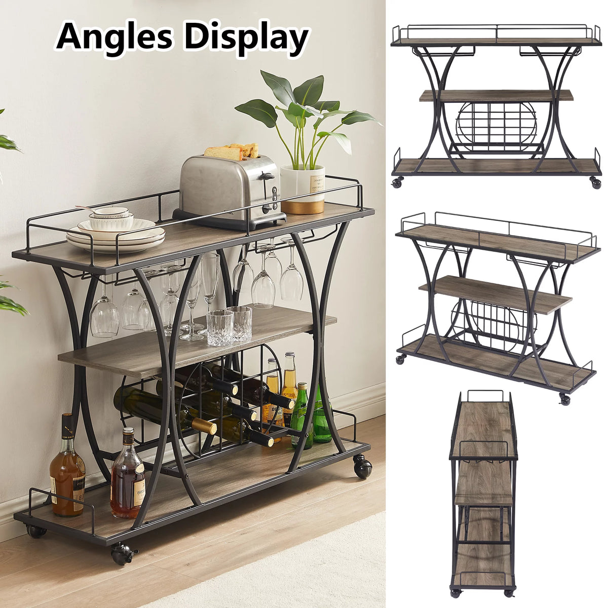 3 Tier Rolling Bar Cart with Wine Rack and Glass Holder T45010