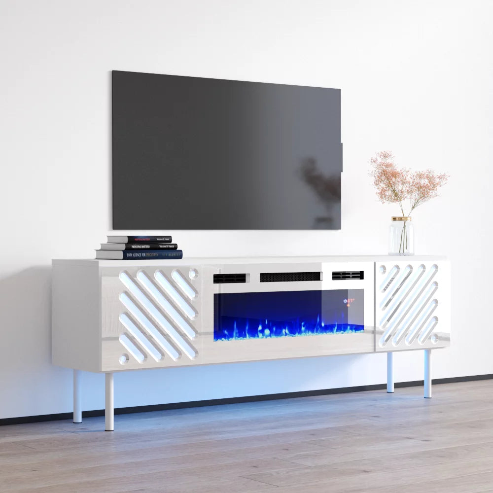 63" High Gloss Fireplace TV Stand with Storage Cabinets and LED Lights K7343