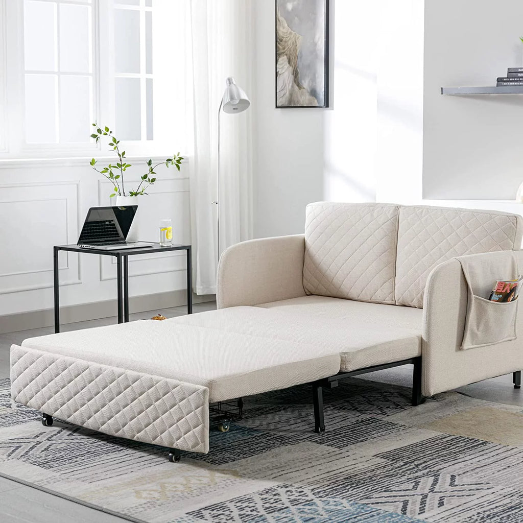 Mini Pull Out Couch Bed Twin Sleeper Sofa with Side Pocket Beige Linen Y62960