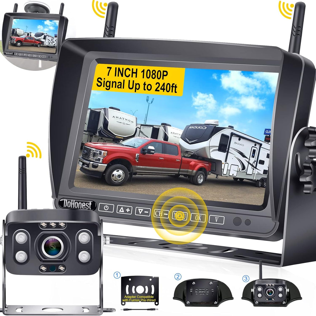 7" Touch Key DVR Monitor HD 1080P Bluetooth Backup Camera with IR Night Vision I8972