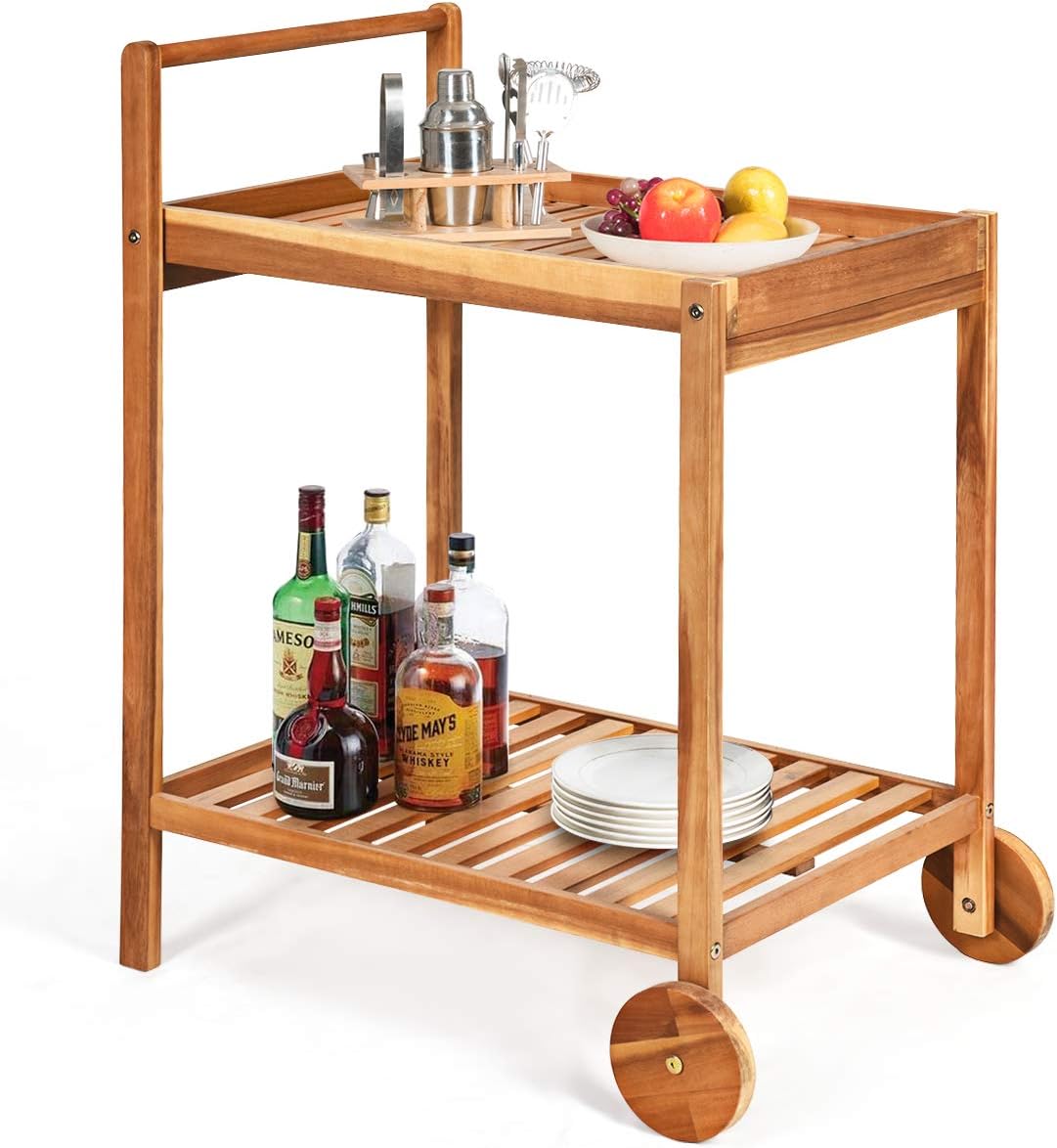 Outdoor Acacia Wood Serving Cart with 2 Trays (Teak) S775008