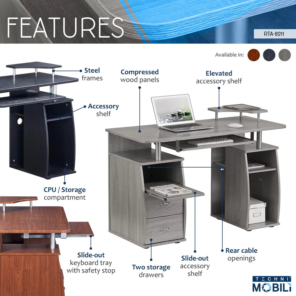Grey Computer Workstation Desk with Storage F77456
