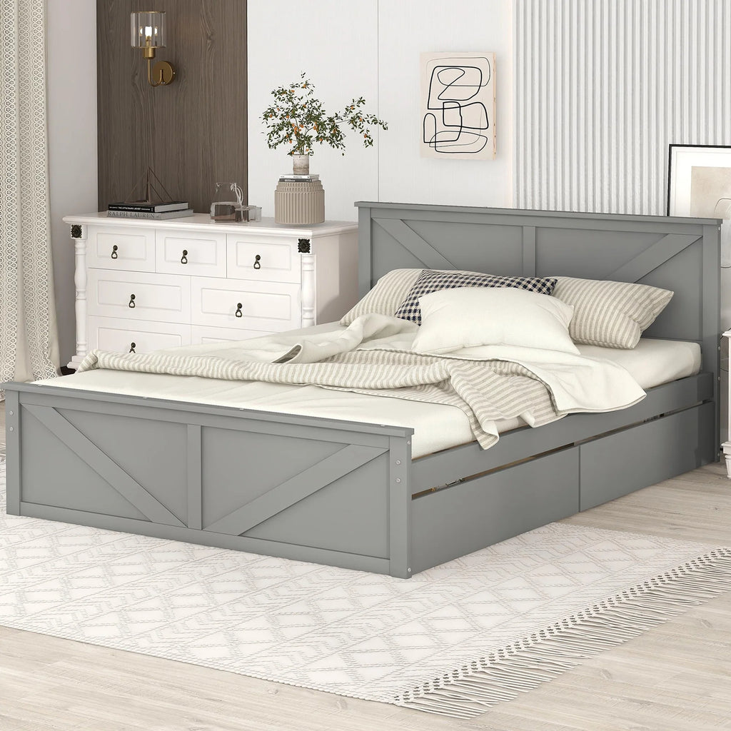 Gray Wood Queen Size Platform Bed with 4 Storage Drawers Z462575