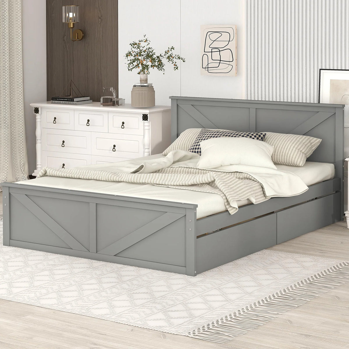 Gray Wood Queen Size Platform Bed with 4 Storage Drawers Z462575