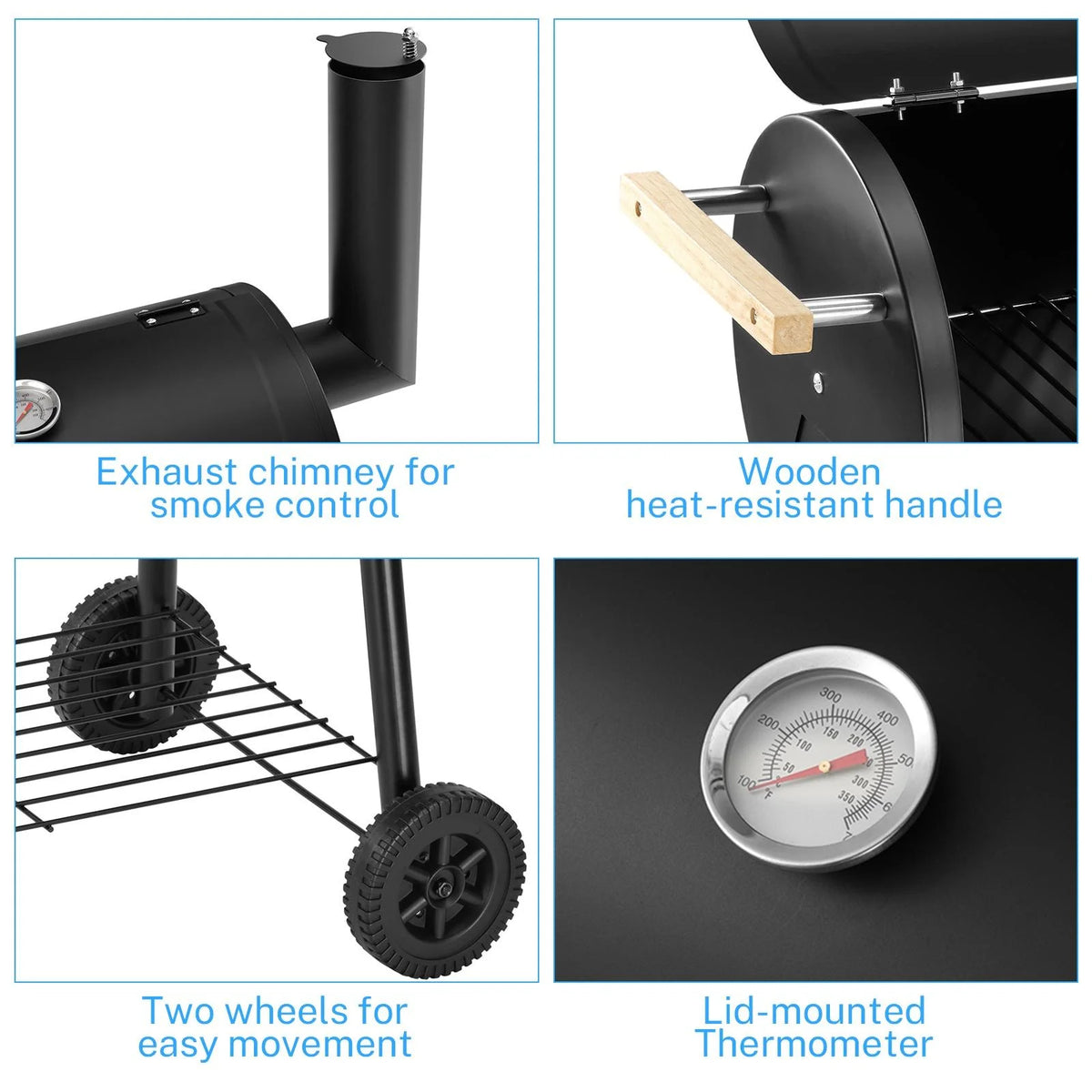 Charcoal Grill, 45.28-Inch Portable Barbecue Grill with Wheels & Thermometer O459840