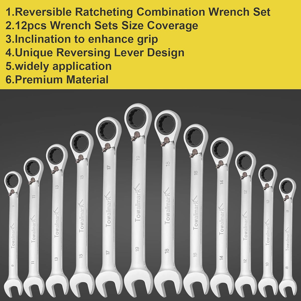 12-Piece Reversible Ratchet Combination Wrench Set, Metric, 8mm-19mm Chrome Vanadium Steel O841108