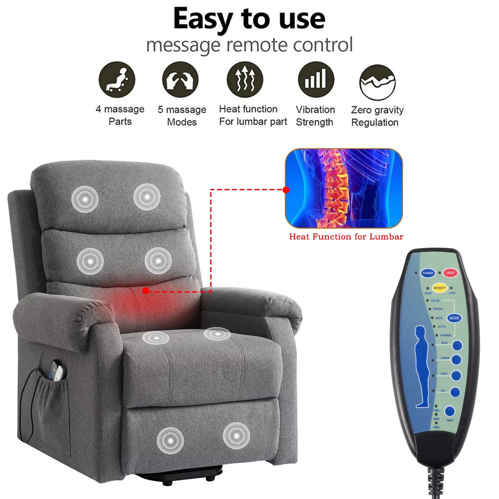 Linen Fabric Heated Massage Power Lift Recliner Chair with USB Ports R32870