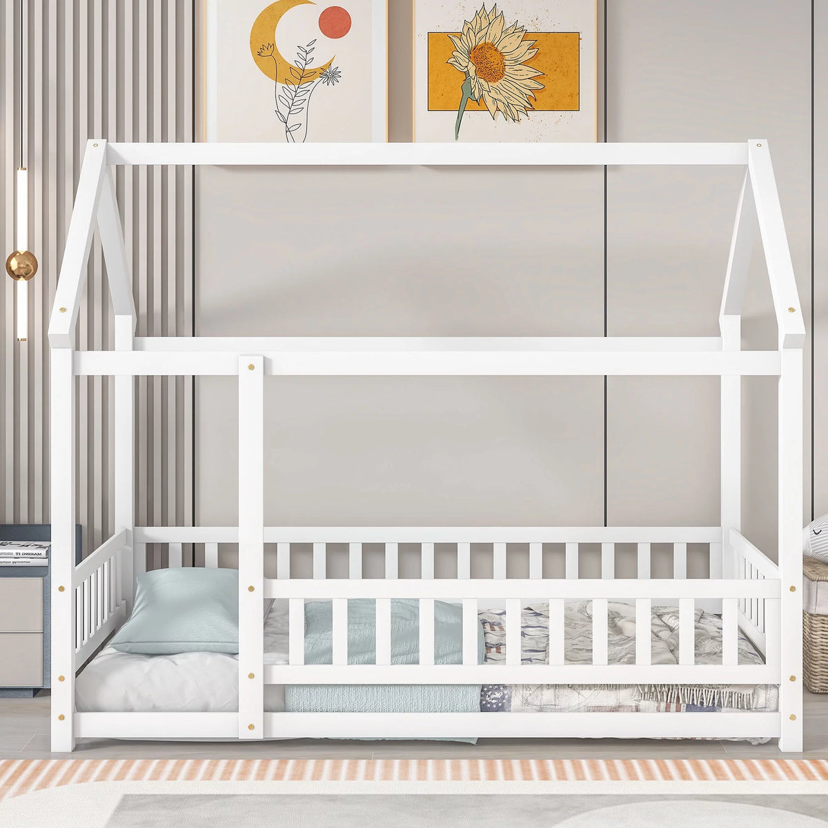 Twin Size Wooden House Bed with Roof and Fence K360368