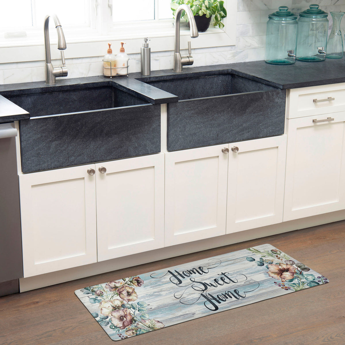 Grey/Blue Floral Anti-Fatigue Kitchen Mat, 17.5"x55" C9547